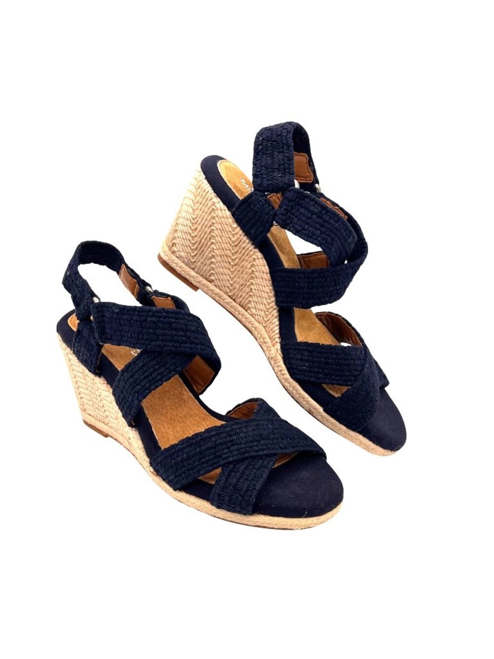 Michelle D Navy Wedge Sandals 8.5M Braided Fabric Straps & Jute Espadrille Heel - Picture 1 of 13